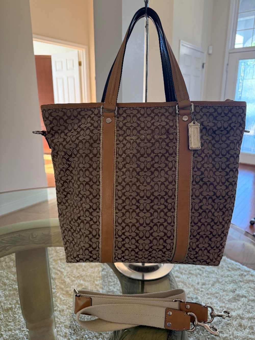 Coach Signature Jacquard Canvas Drafting Crossbody Tote Khaki/Camel F77142